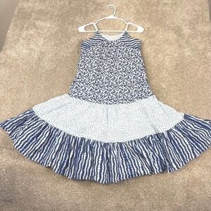 Catimini Girls Blue Dress 12 White Tiered Maxi Braided French Vacation Boho Sun
